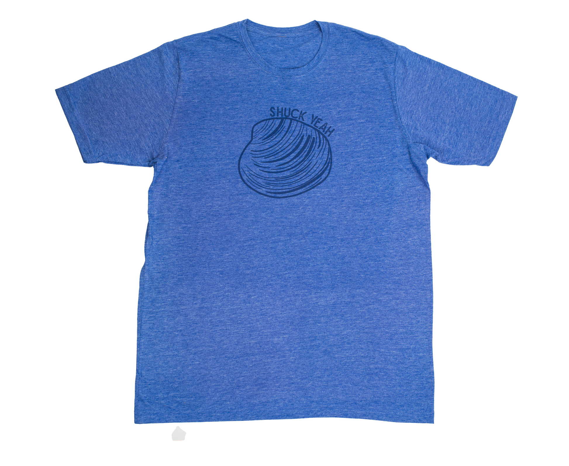 Blue unisex t-shirt featuring a quahog graphic and 'Shuck Yeah' text, laid flat with a relaxed coastal style by Coral Anchor Apparel.