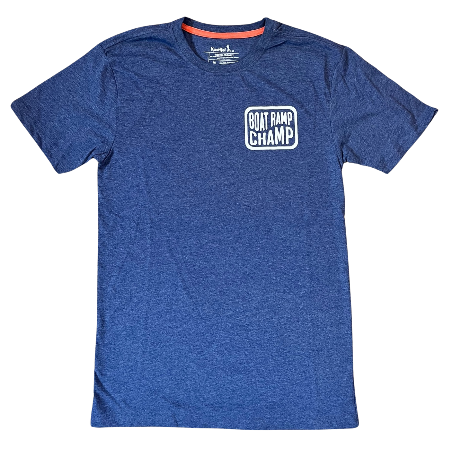 Flat lay of Boat Ramp Champ unisex tee in blue with bold graphic text design, displayed neatly for product detail