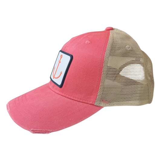 Distressed Coral Hat with Coral Anchor PVC Patch