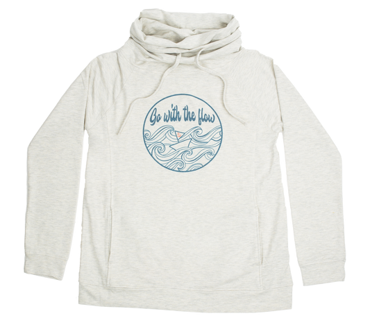 Oatmeal-colored funnel neck hoodie laid flat, featuring soft faux cashmere fabric, side pockets, and a relaxed fit from Coral Anchor Apparel.