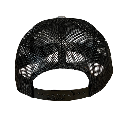 Back view of Coral Anchor Apparel gray and black trucker hat showing black mesh and adjustable snapback closure