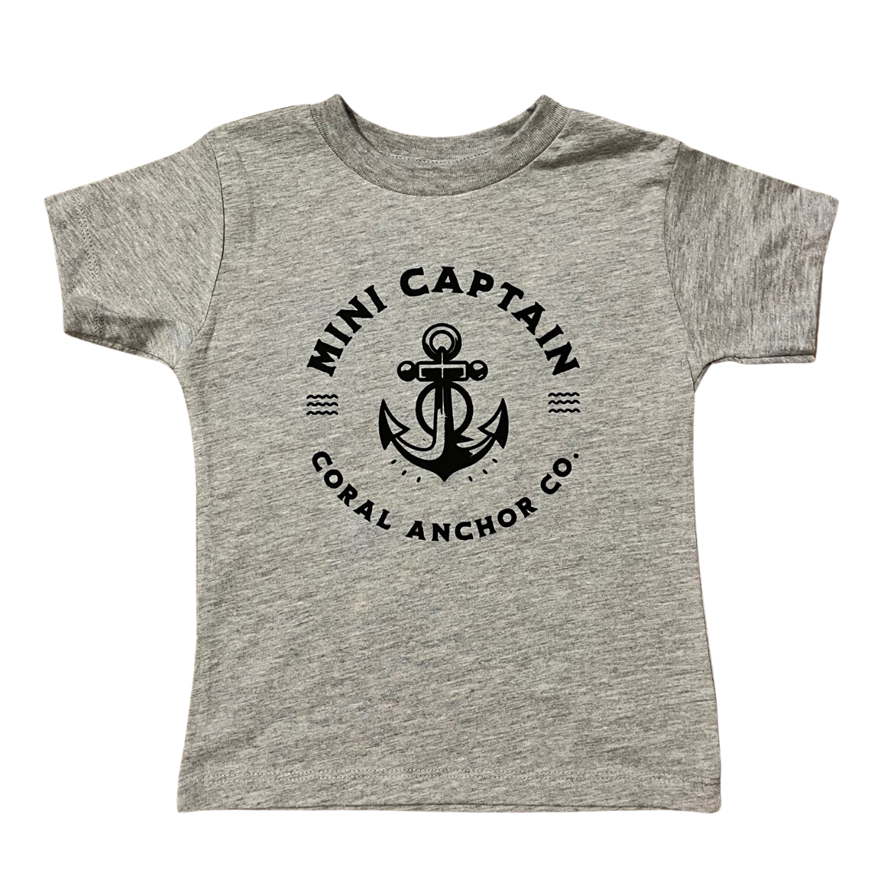 Heather grey youth t-shirt with black anchor and βMini Captain β Coral Anchor Co.β graphic, laid flat on a white background