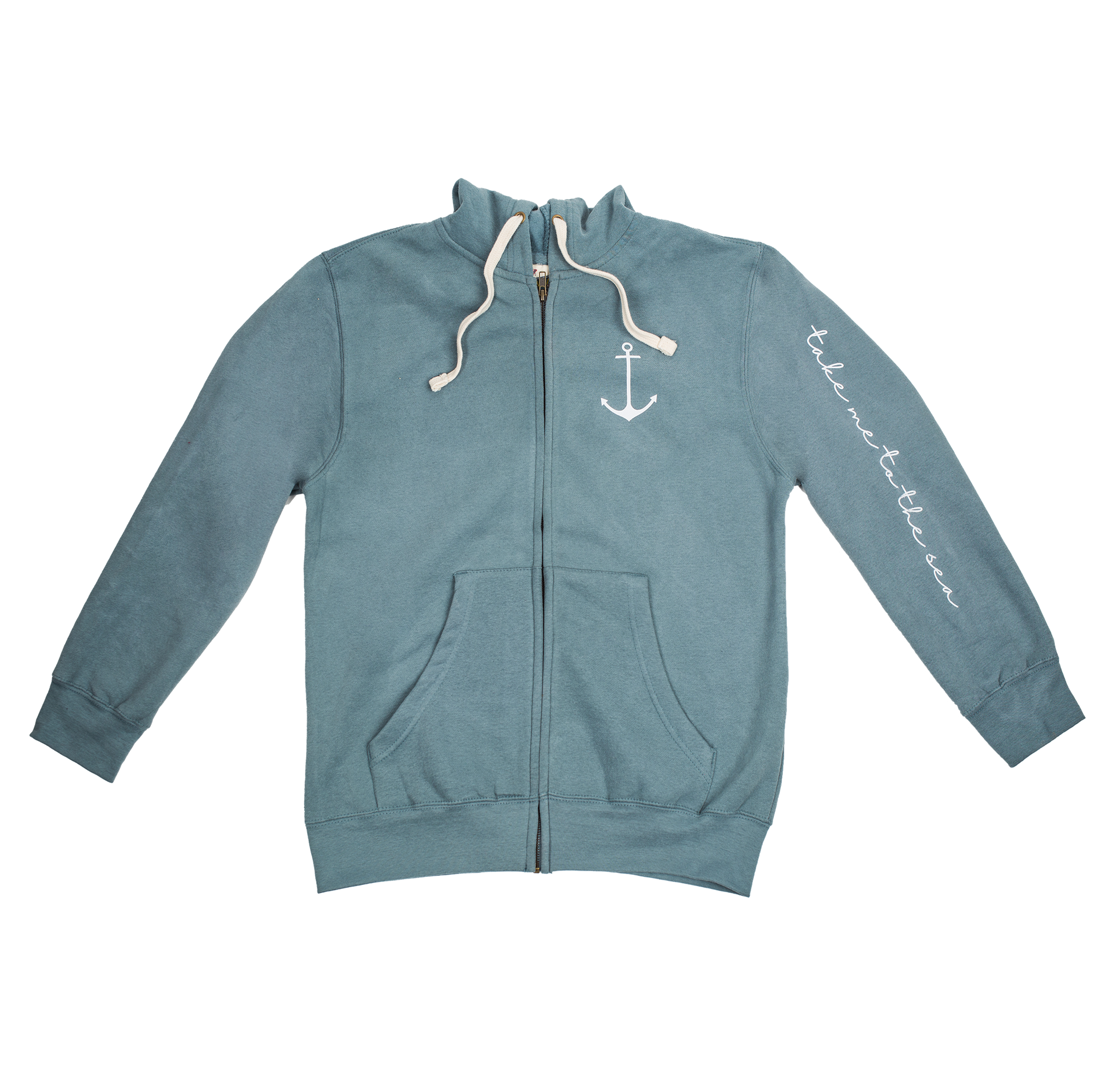 Marine blue heavyweight zip hoodie with anchor chest graphic and 'take me to the sea' sleeve print, laid flat to show sueded finish and classic fit.
