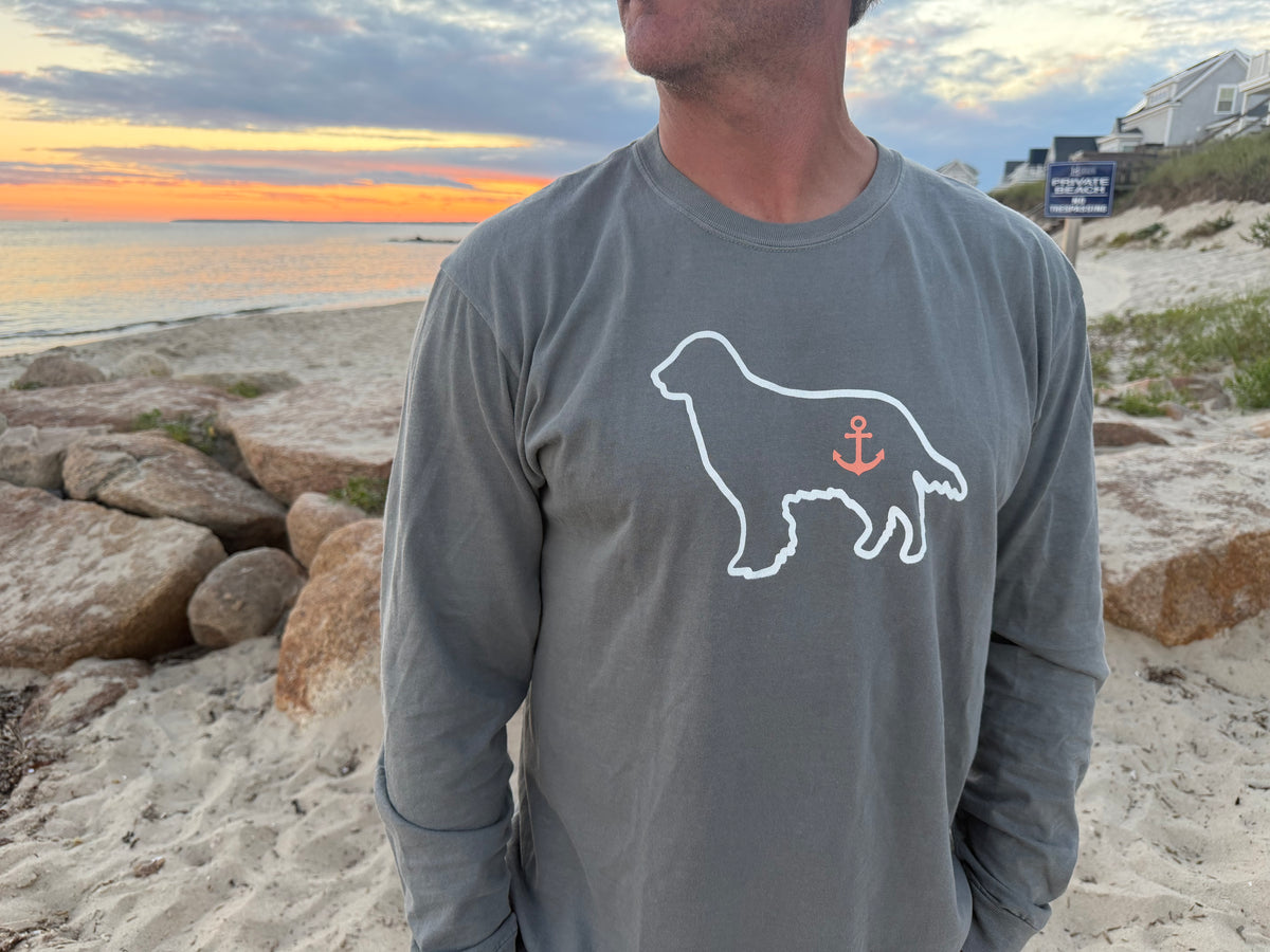 coral anchor golden retriever shirt standing on the bach
