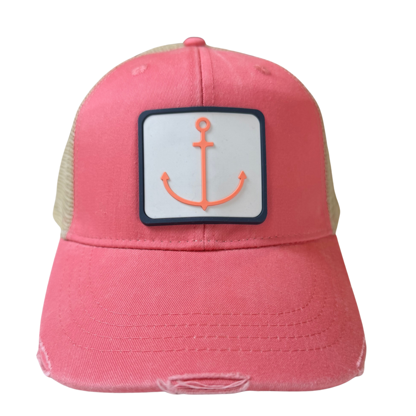 Distressed Coral Hat with Coral Anchor PVC Patch