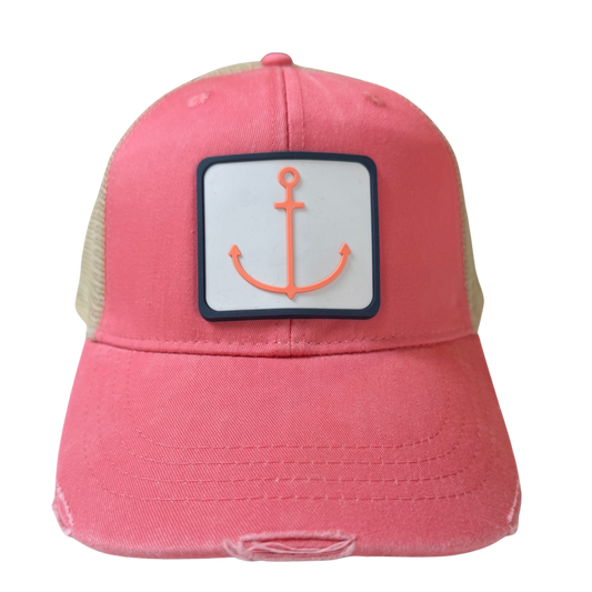 Distressed Coral Hat with Coral Anchor PVC Patch
