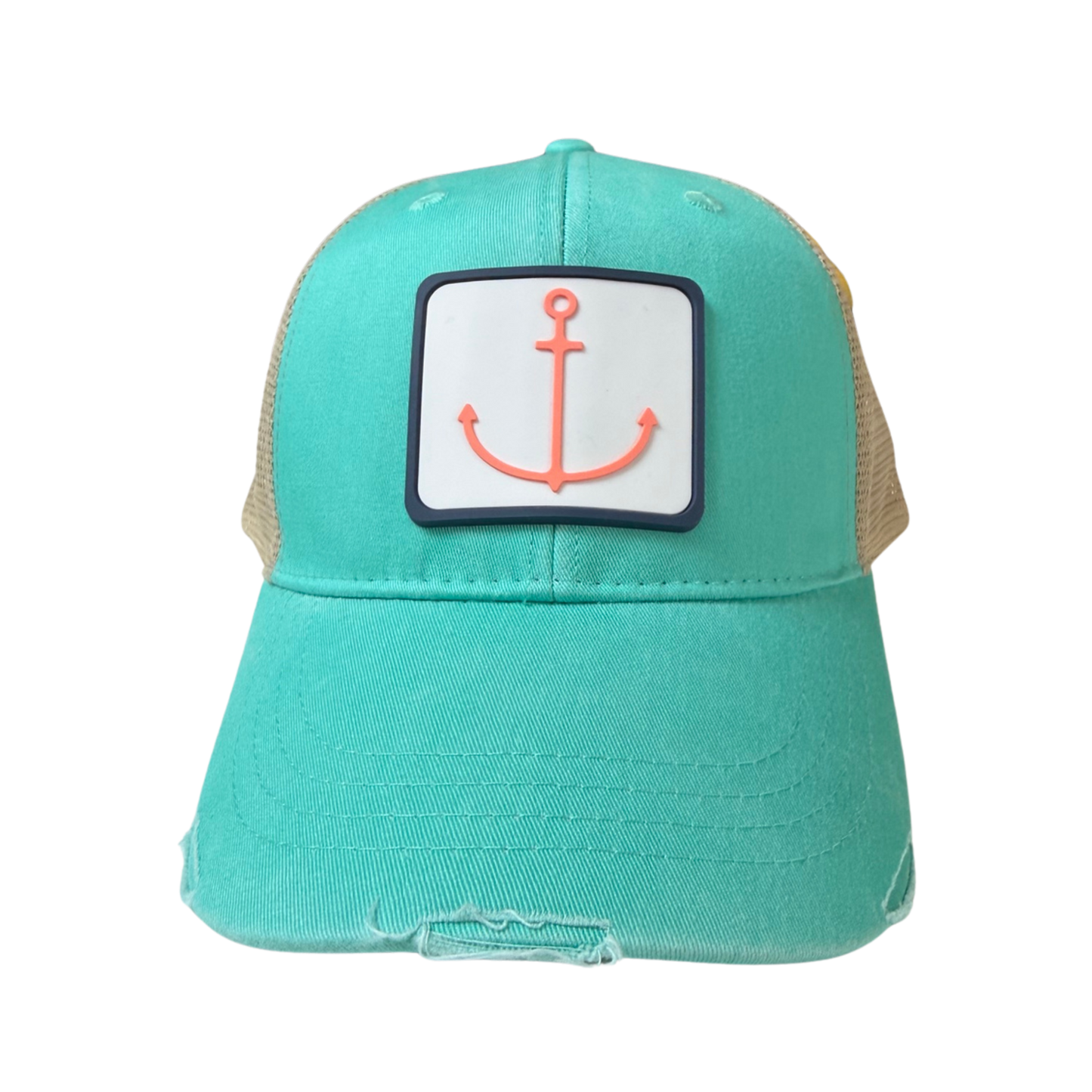 Distressed Seafoam Hat with Coral Anchor PVC Patch