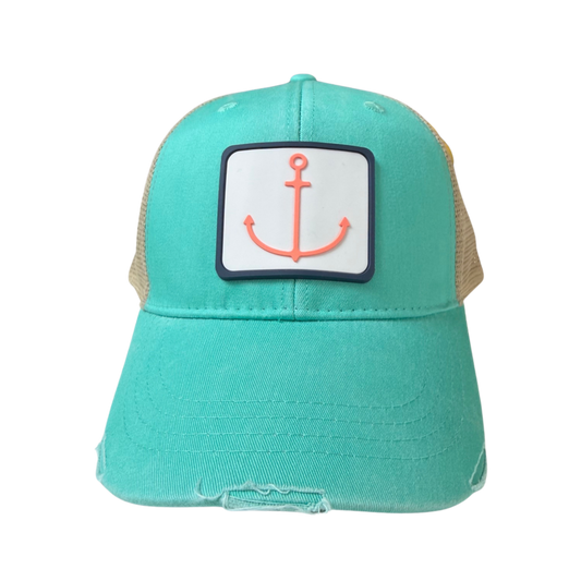 Distressed Seafoam Hat with Coral Anchor PVC Patch