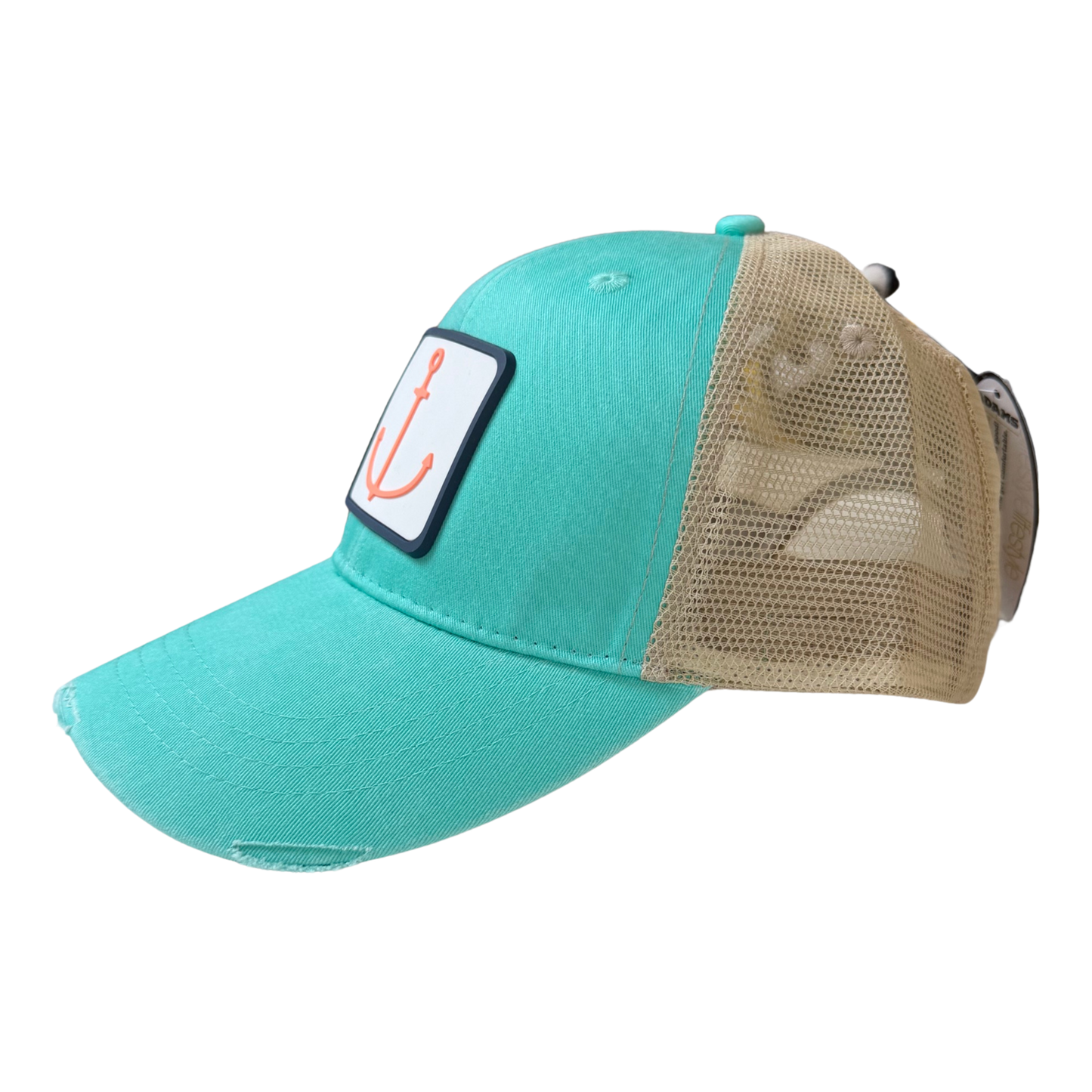 Distressed Seafoam Hat with Coral Anchor PVC Patch