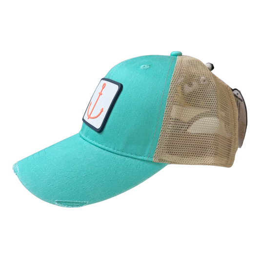 Distressed Seafoam Hat with Coral Anchor PVC Patch