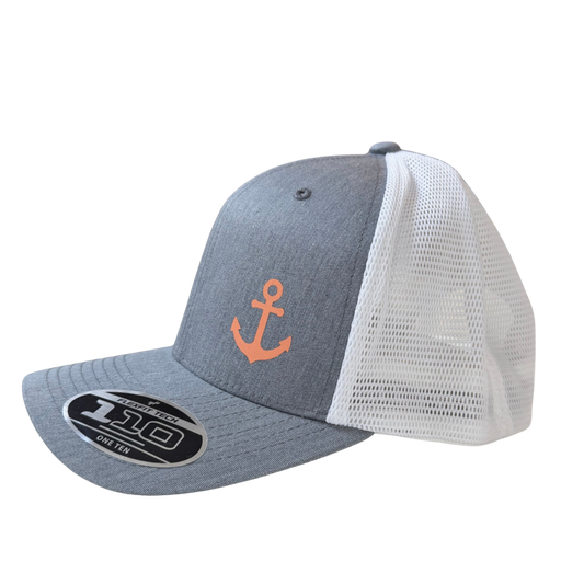 Youth Coral Anchor Trucker Hat – Heather Grey & White