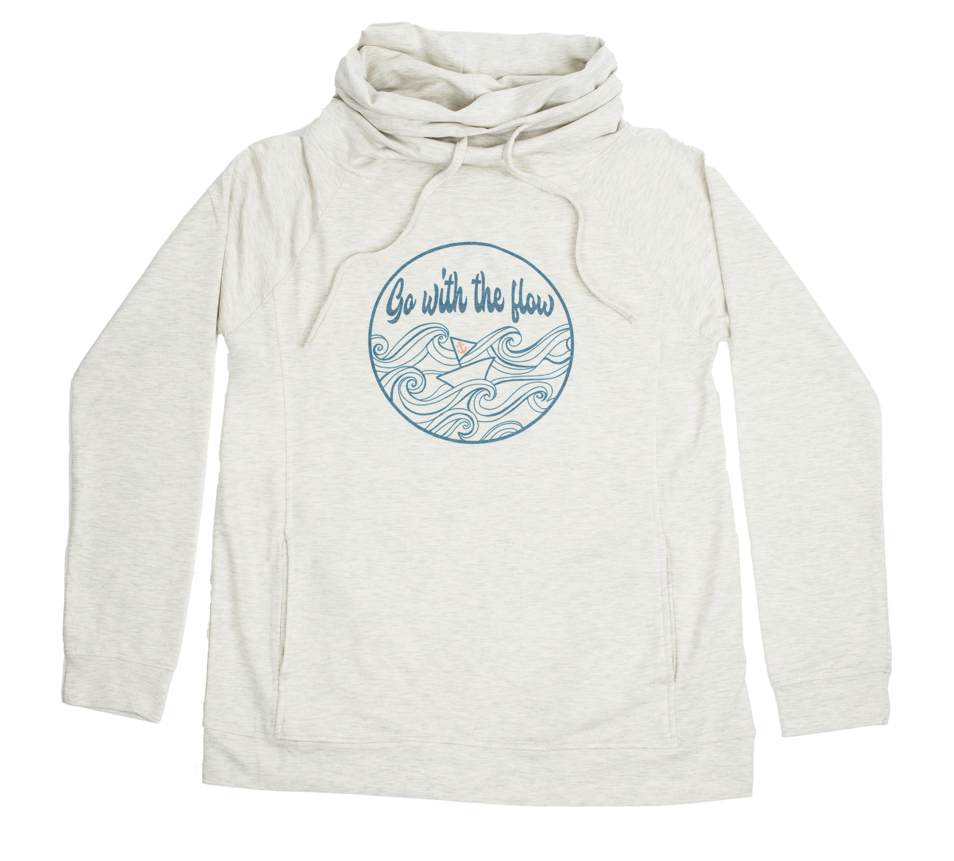Oatmeal-colored funnel neck hoodie laid flat, featuring soft faux cashmere fabric, side pockets, and a relaxed fit from Coral Anchor Apparel.