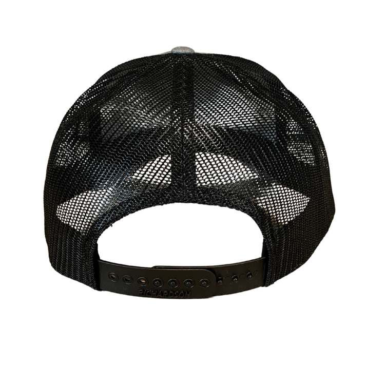 Back view of Coral Anchor Apparel gray and black trucker hat showing black mesh and adjustable snapback closure