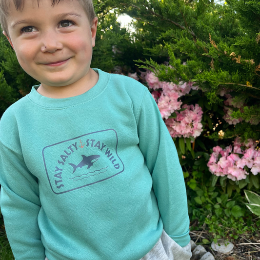 Toddler wearing Coral Anchor's saltwater blue crewneck with shark graphic and "Stay Salty, Stay Wild" design in an outdoor lifestyle setting